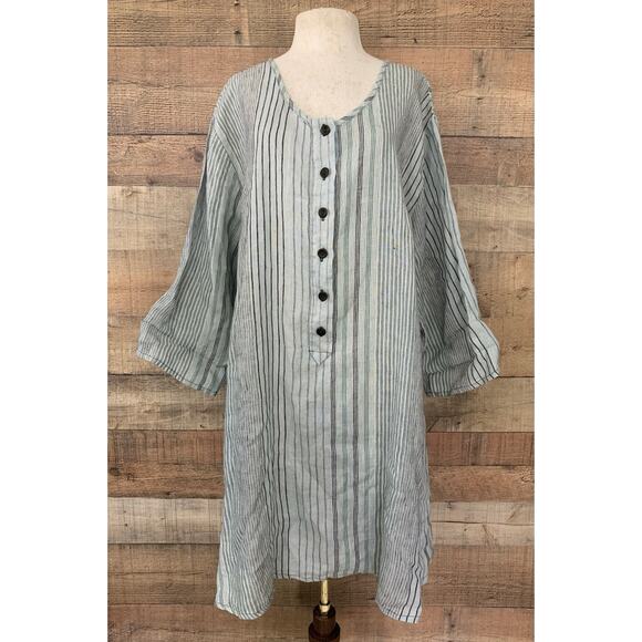 Flax Striped Lt Blue Woven Linen Tunic Dress Size 1G Lagenlook - Picture 1 of 11